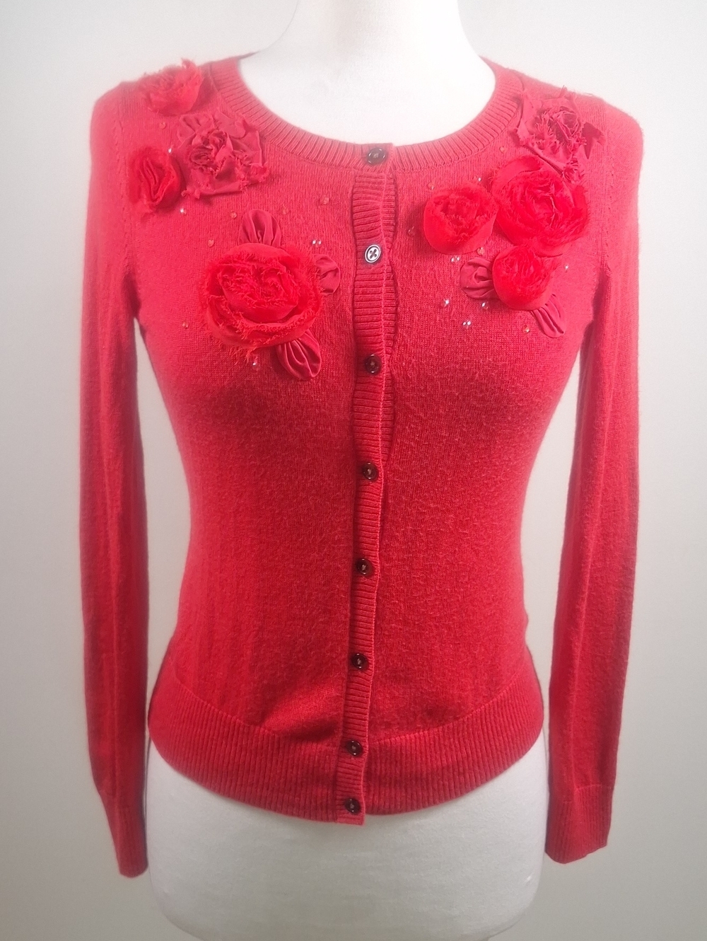 Ann Taylor Holiday Collection Rosette And Bead Embellished Merino Cardigan
